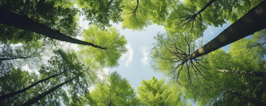 Looking up at the green tops of trees, Generative AI photo
