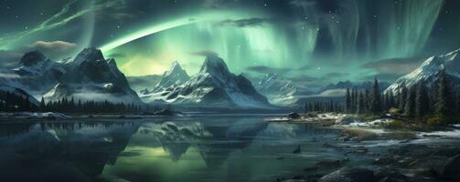 Aurora borealis, Green northern lights above mountains. Night sky with polar lights, Generative AI photo