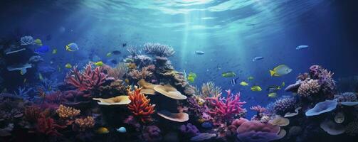 beautiful underwater scenery with various types of fish and coral reefs, Generative AI photo