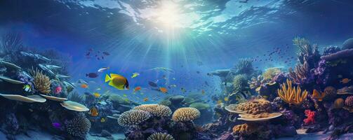 beautiful underwater scenery with various types of fish and coral reefs, Generative AI photo