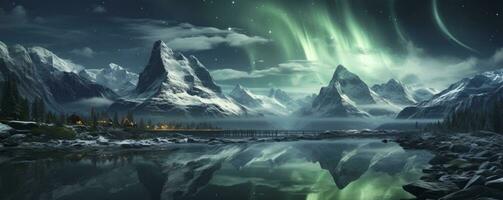 Aurora borealis, Green northern lights above mountains. Night sky with polar lights, Generative AI photo