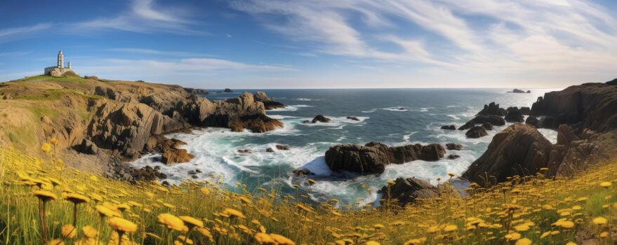 Cap Frehel peninsula, Bretagne, copy space, Generative AI photo