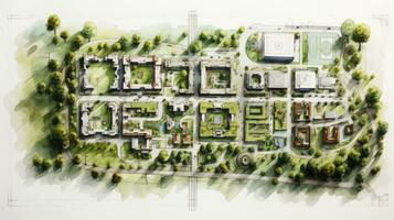 hand drawing of Urban planning sketch highlighting sustainable elements like green spaces, public transportation, and pedestrian zones, paper texture white background, Generative AI photo