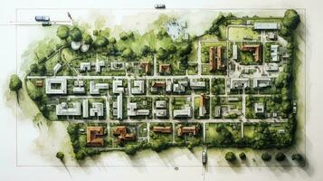 hand drawing of Urban planning sketch highlighting sustainable elements like green spaces, public transportation, and pedestrian zones, paper texture white background, Generative AI photo