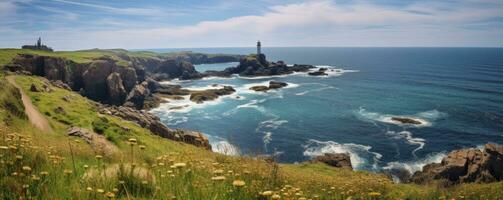 Cap Frehel peninsula, Bretagne, copy space, Generative AI photo