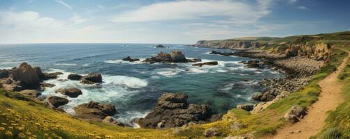 Cap Frehel peninsula, Bretagne, copy space, Generative AI photo