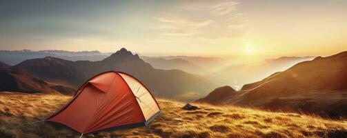 tent at Mountain landscape at sunset, Generative AI photo