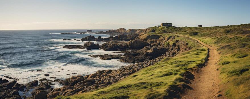 Cap Frehel peninsula, Bretagne, copy space, Generative AI photo
