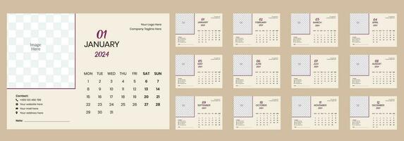 2024 Desk calendar template with minimal design. Week Starts on Monday. good for planner, schedule, etc. vector