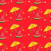 seamless watermelon and umbrellas pattern on red background. hand drawn elements. vector