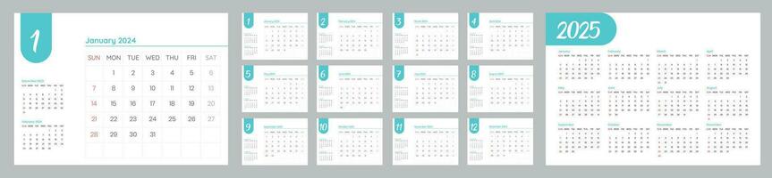 escritorio calandrar diseño 2024. semana empieza en domingo. calendario año 2025 en espalda página . sencillo y limpiar estilo vector diseño en corporativo o negocio usar.