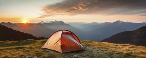 tent at Mountain landscape at sunset, Generative AI photo