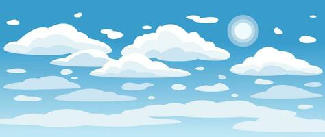 Blue sky background with clouds. Vector illustration for cover, banner, poster, web and packaging.