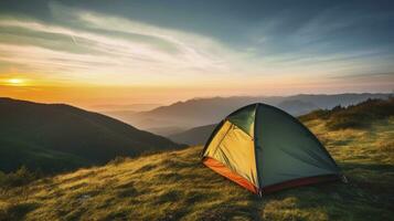 tent at Mountain landscape at sunset, Generative AI photo