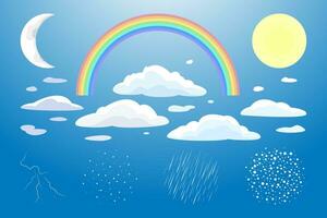 Set of weather elements. Sun, moon, rainbow, clouds, stars, snow, rain, lightning. Vector illustration.