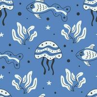 Sealife seamless pattern with fish, medusa and seaweed vector