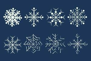 blanco copos de nieve conjunto en azul antecedentes. vector ilustración.