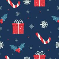 Seamless pattern with snowflakes, present box, mistletoe and candy cane. Christmas card on blue background. Vector illustration.