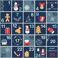 Advent calendar with symbol of Christmas. Vector countdown to Xmas with numbers. Vector illustration