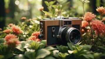 film camera with nature background, copy space, Generative AI photo