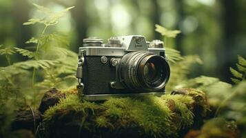 film camera with nature background, copy space, Generative AI photo