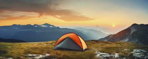 tent at Mountain landscape at sunset, Generative AI photo