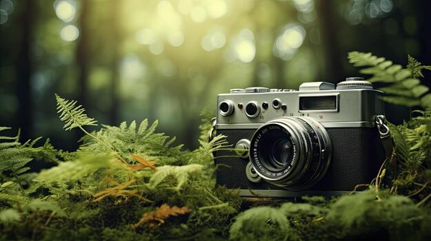 film camera with nature background, copy space, Generative AI photo