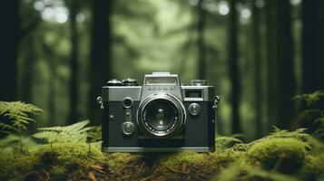 film camera with nature background, copy space, Generative AI photo