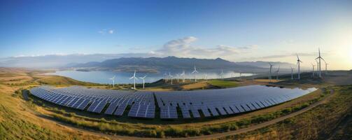 Environmentally installation of photovoltaic power plant and wind turbine farm situated by landfill.Solar panels farm built on a waste dump and wind turbine farm. Renewable energy source photo