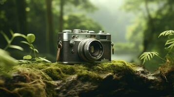 film camera with nature background, copy space, Generative AI photo