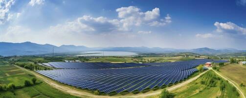 Environmentally installation of photovoltaic power plant and wind turbine farm situated by landfill.Solar panels farm built on a waste dump and wind turbine farm. Renewable energy source photo