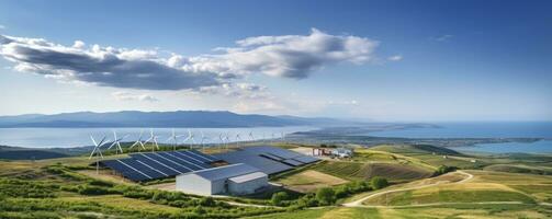 Environmentally installation of photovoltaic power plant and wind turbine farm situated by landfill.Solar panels farm built on a waste dump and wind turbine farm. Renewable energy source photo