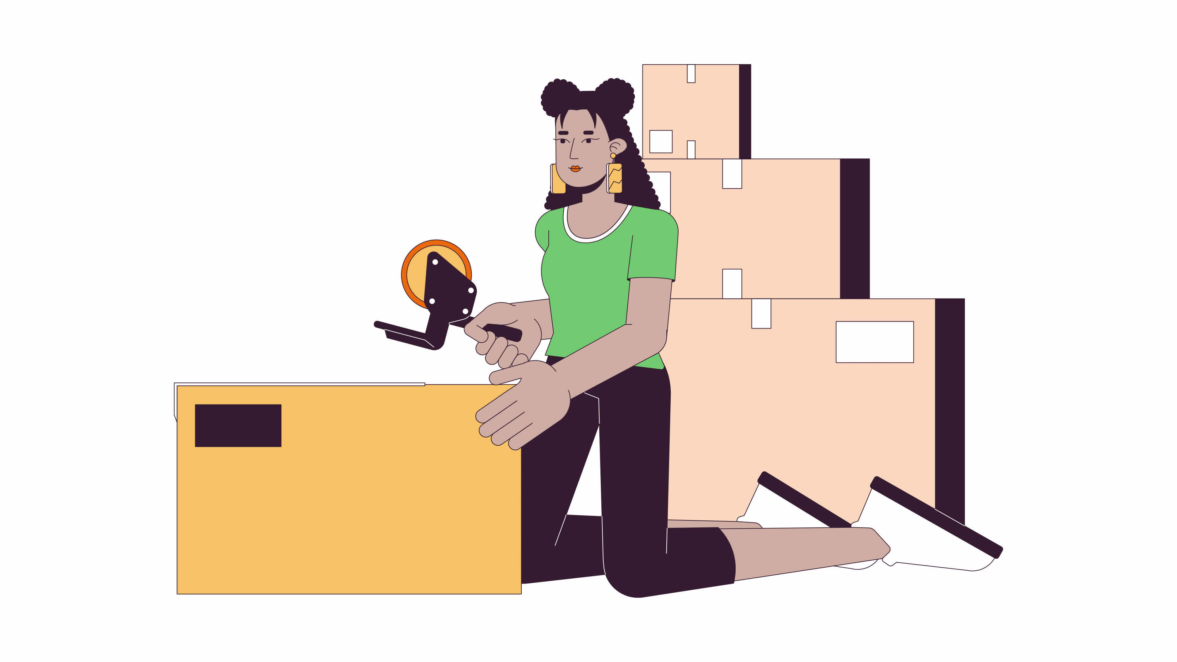 spanisch Mädchen Verpackung ziehen um Kisten Linie Karikatur Animation