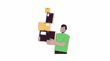 Troubled indian guy carrying unsteady boxes line 2D character animation. Stressed flat color cartoon 4K video, alpha channel. Parcels holding south asian man animated person on white background video