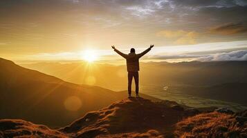 Positive man celebrating with arms raised up at Mountain landscape at sunset, Generative AI photo