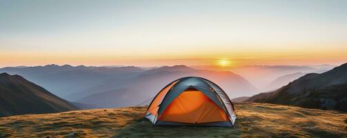 tent at Mountain landscape at sunset, Generative AI photo