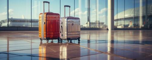 maletas en aeropuerto, antecedentes ventana, difuminar fuera de es pista, Copiar espacio, generativo ai foto