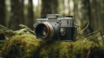 film camera with nature background, copy space, Generative AI photo