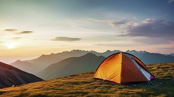 tent at Mountain landscape at sunset, Generative AI photo