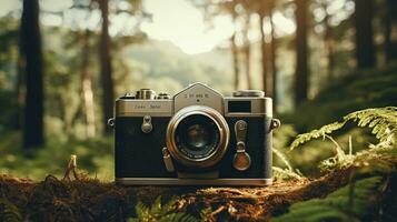 film camera with nature background, copy space, Generative AI photo