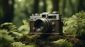 film camera with nature background, copy space, Generative AI photo