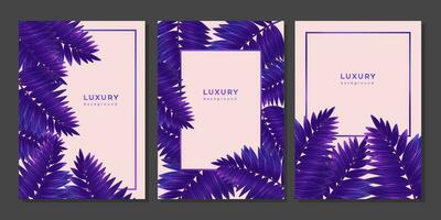 Set of luxury golden purple templates with tropical plants. Linear fern branches, palm leaves. Poster with leaf with veins on pink background. Magical glittering plants. Wedding invitation vector