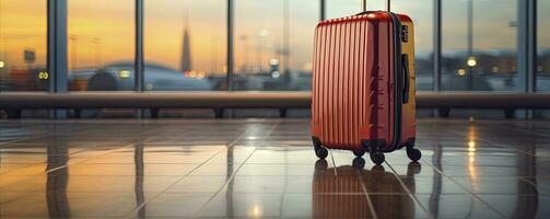 Suitcases in airport, background window, blur outside is runway, copy space, Generative AI photo