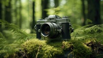 film camera with nature background, copy space, Generative AI photo