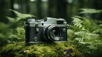 film camera with nature background, copy space, Generative AI photo