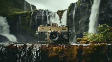 film camera with nature background, copy space, Generative AI photo