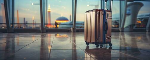 maletas en aeropuerto, antecedentes ventana, difuminar fuera de es pista, Copiar espacio, generativo ai foto