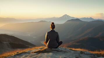 meditation at Mountain landscape at sunset, Generative AI photo