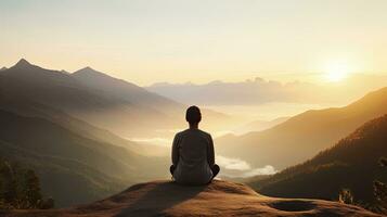 meditation at Mountain landscape at sunset, Generative AI photo