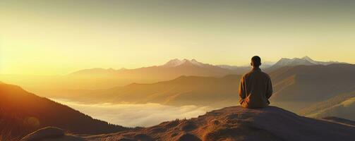 meditation at Mountain landscape at sunset, Generative AI photo
